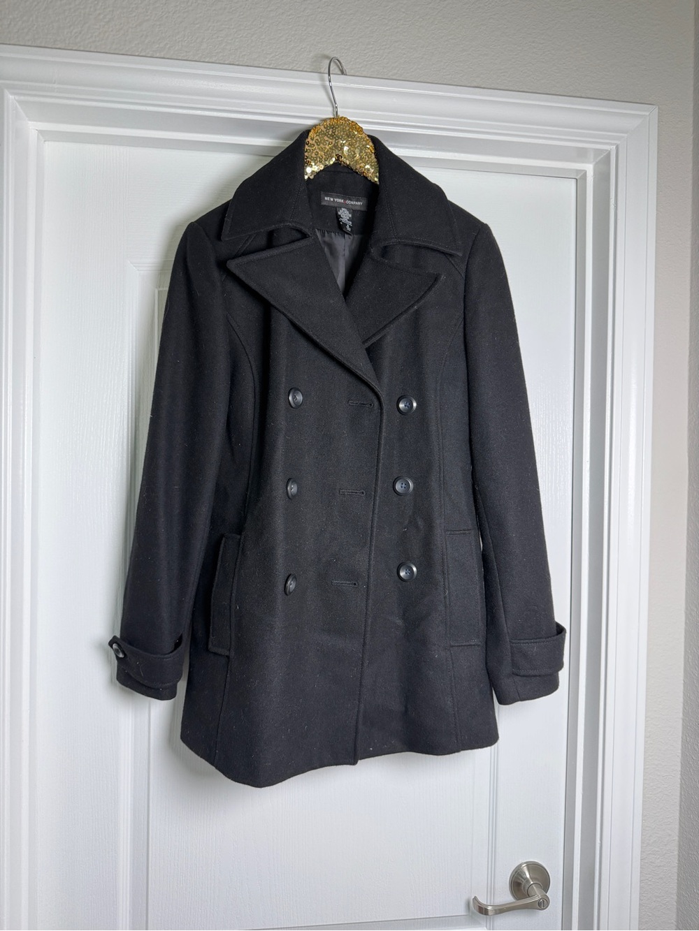 New York and Co black wool double busted pea coat size 8